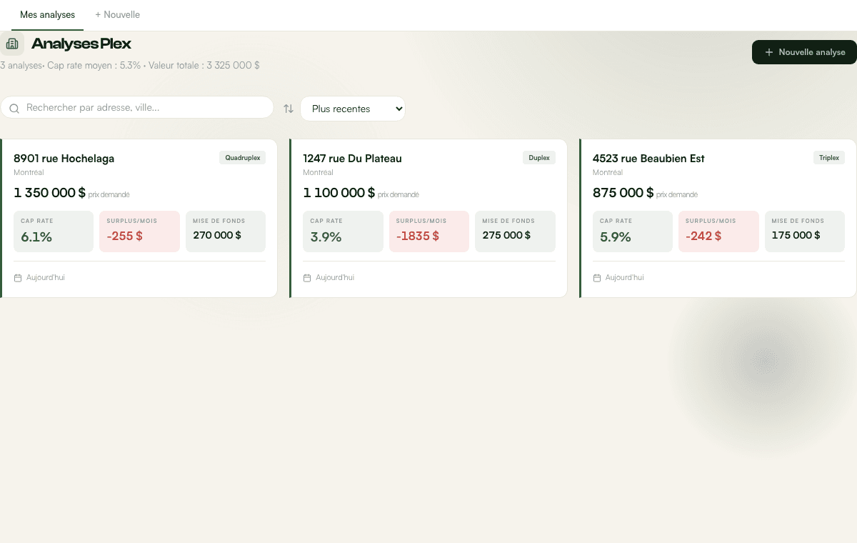 Analyses Plex TonCourtage avec taux cap, surplus mensuel et prix demande.