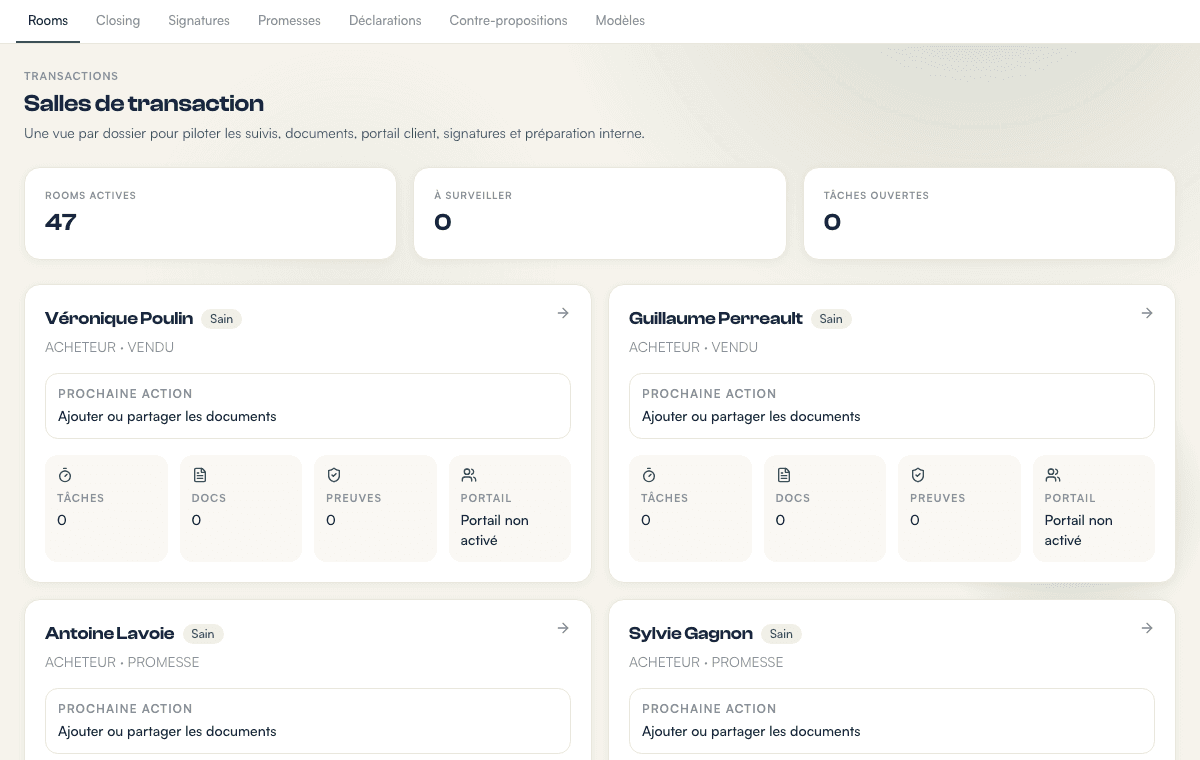 Salles de transaction TonCourtage avec rooms actives, documents, preuves et portail.